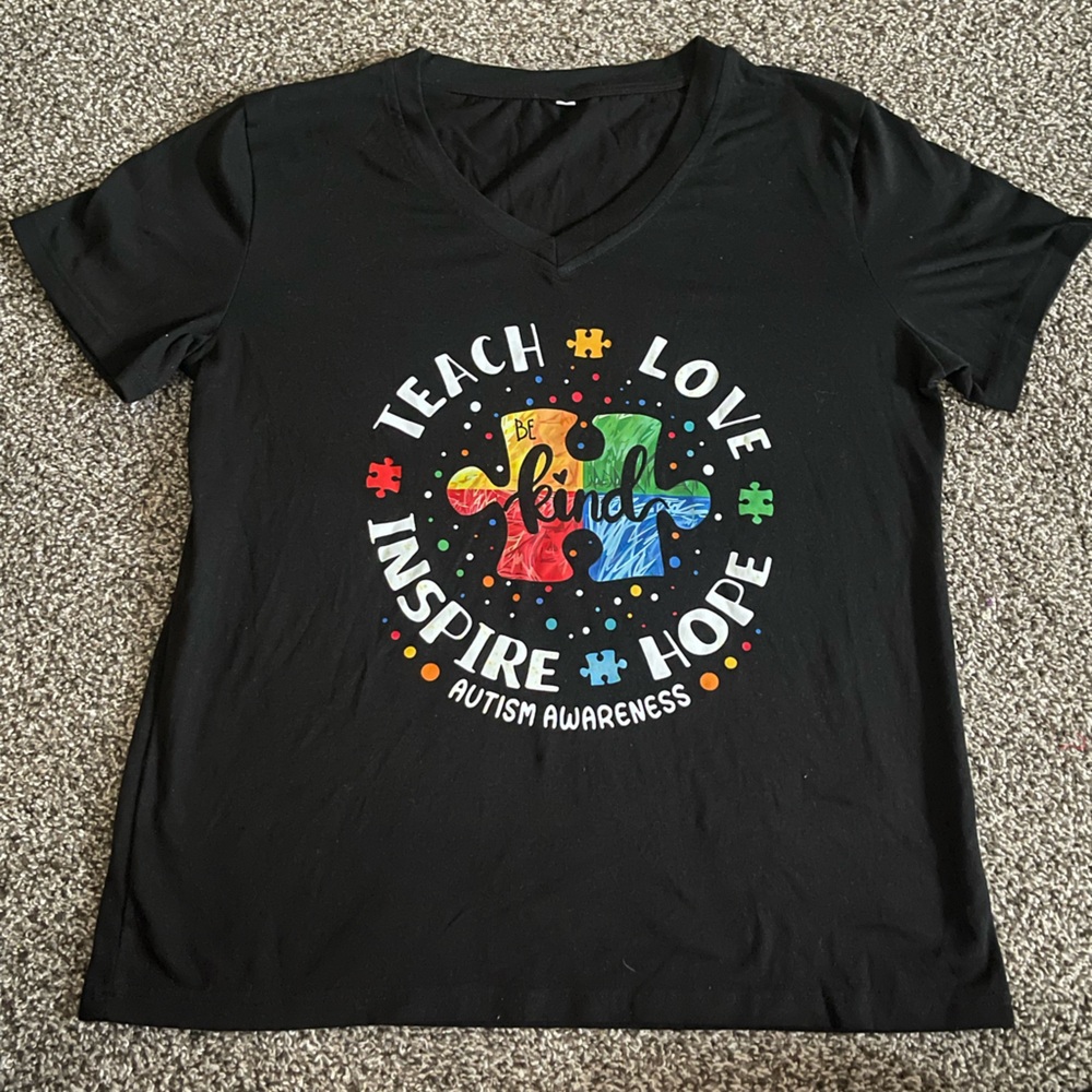 Black Autism Awareness Teach Love Inspire Hope Short Sleeve V Neck T-Shirt S